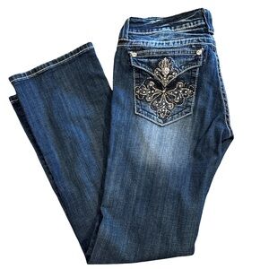 Miss Me Dark Blue Boot Cut Jeans with Embellished Pockets 32/32